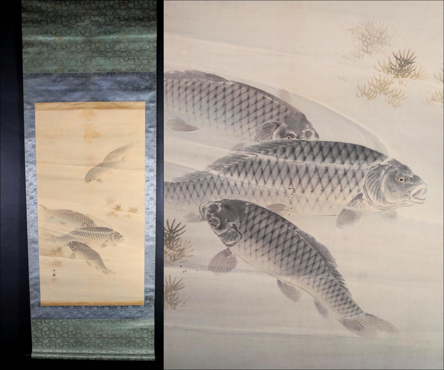 Japanese Antique Scroll - Elegant Silk Kakejiku Wall Decor Featuring Swimming Carp Artwork