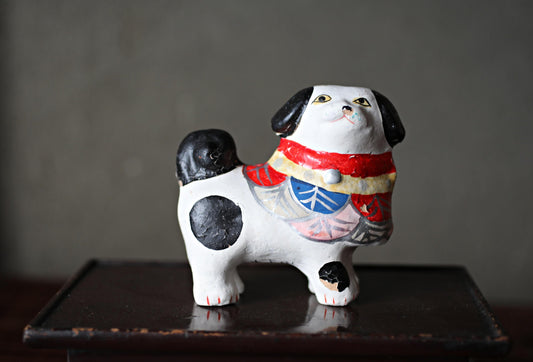 Japanese Paper Dog Doll - Vintage Edo Period Figurine With Colorful Neckband Charm