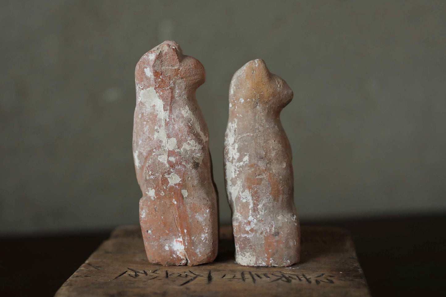 Antique Kitsune Dolls - Imado-yaki Pottery Pair | Japanese Guardian Foxes, Rustic Edo Period Collectibles