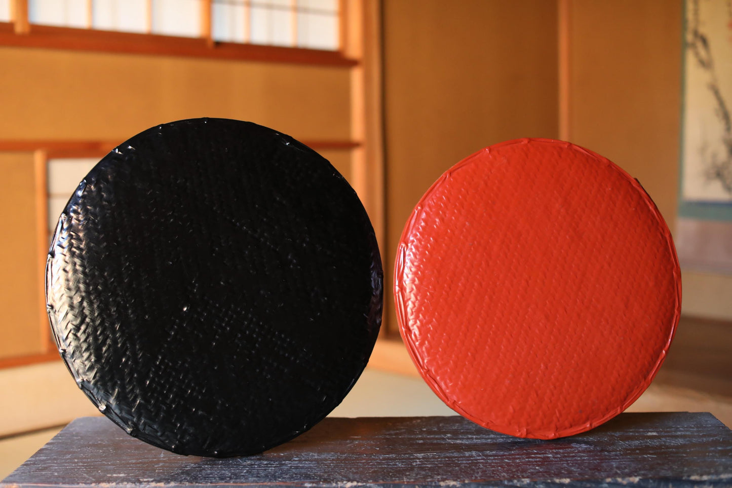 Vintage Bamboo Trays – Hand Woven Japanese Red Black Lacquer Stackable Pair