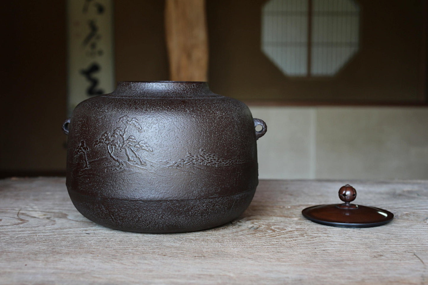 Japanese Cast Iron Kettle – Vintage Tea Ceremony Kettle with Pine Tree Relief & Copper Lid