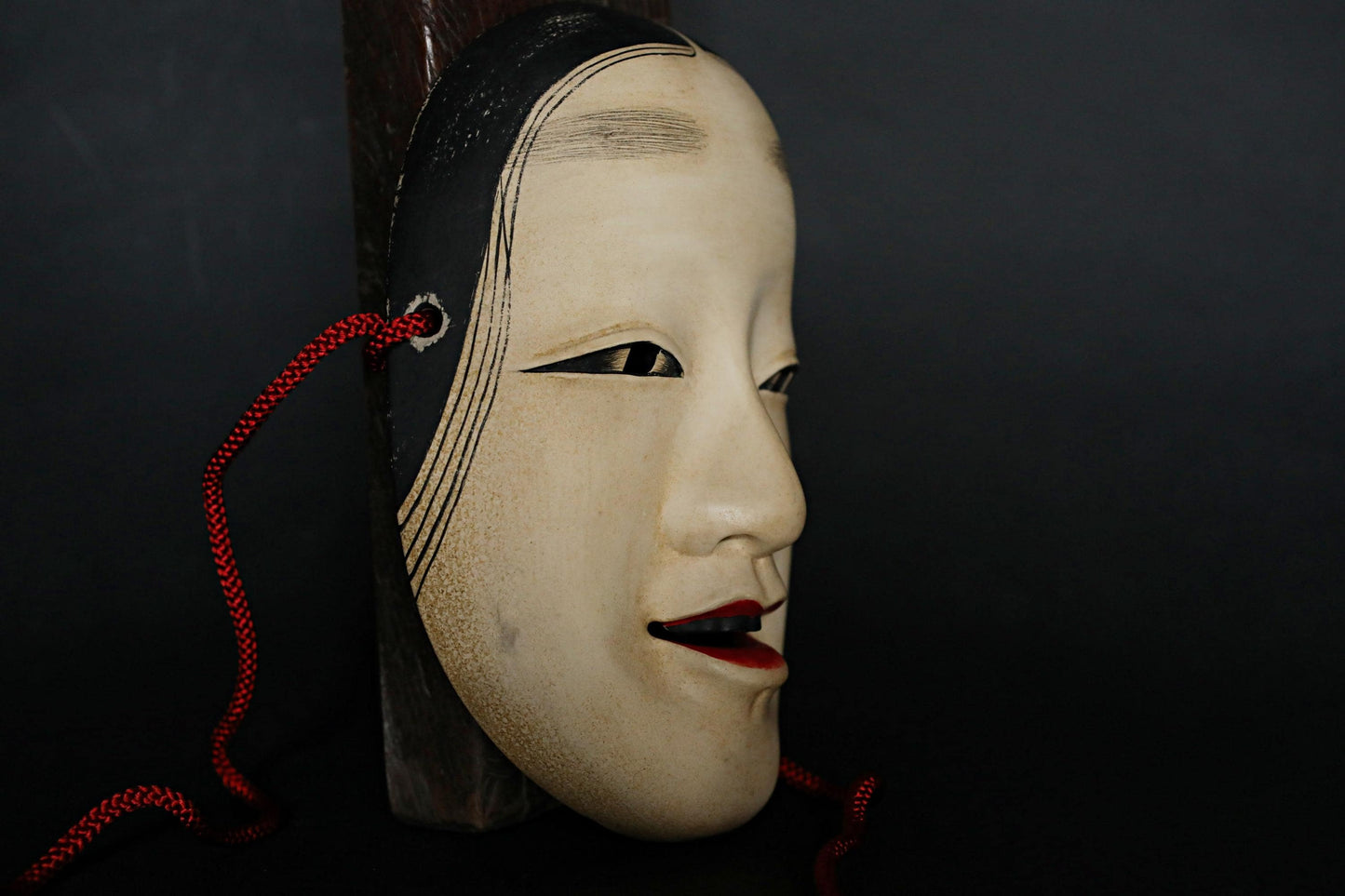 Japanese Noh Mask - Magojirō Signed Wood Carving | Elegant Wall Ornament with Silk Bag