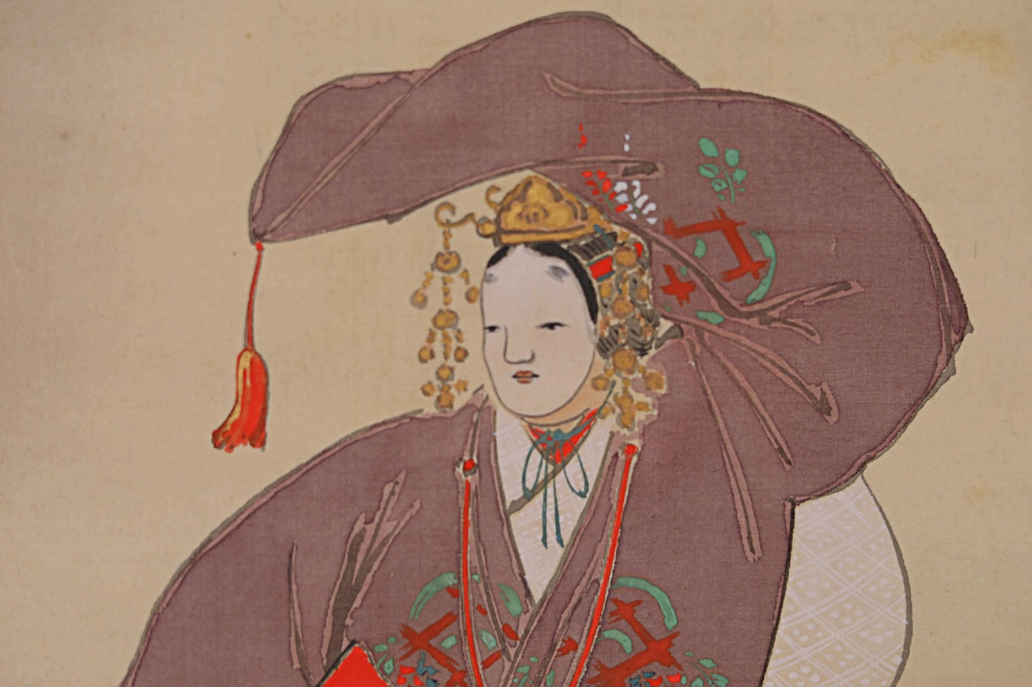 Japanese Hanging Scroll - Vintage Silk Noh Mask Painting | Traditional Kakejiku Art