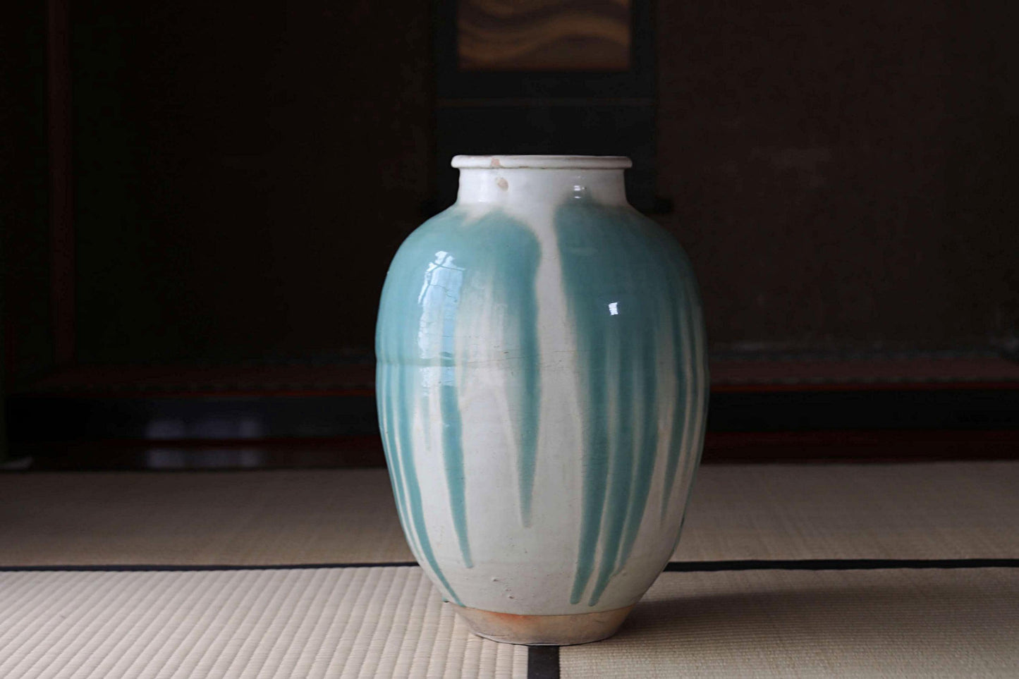 Antique Shigaraki Jar – Large Japanese Pottery Vase with Blue Green Waterfall Glaze