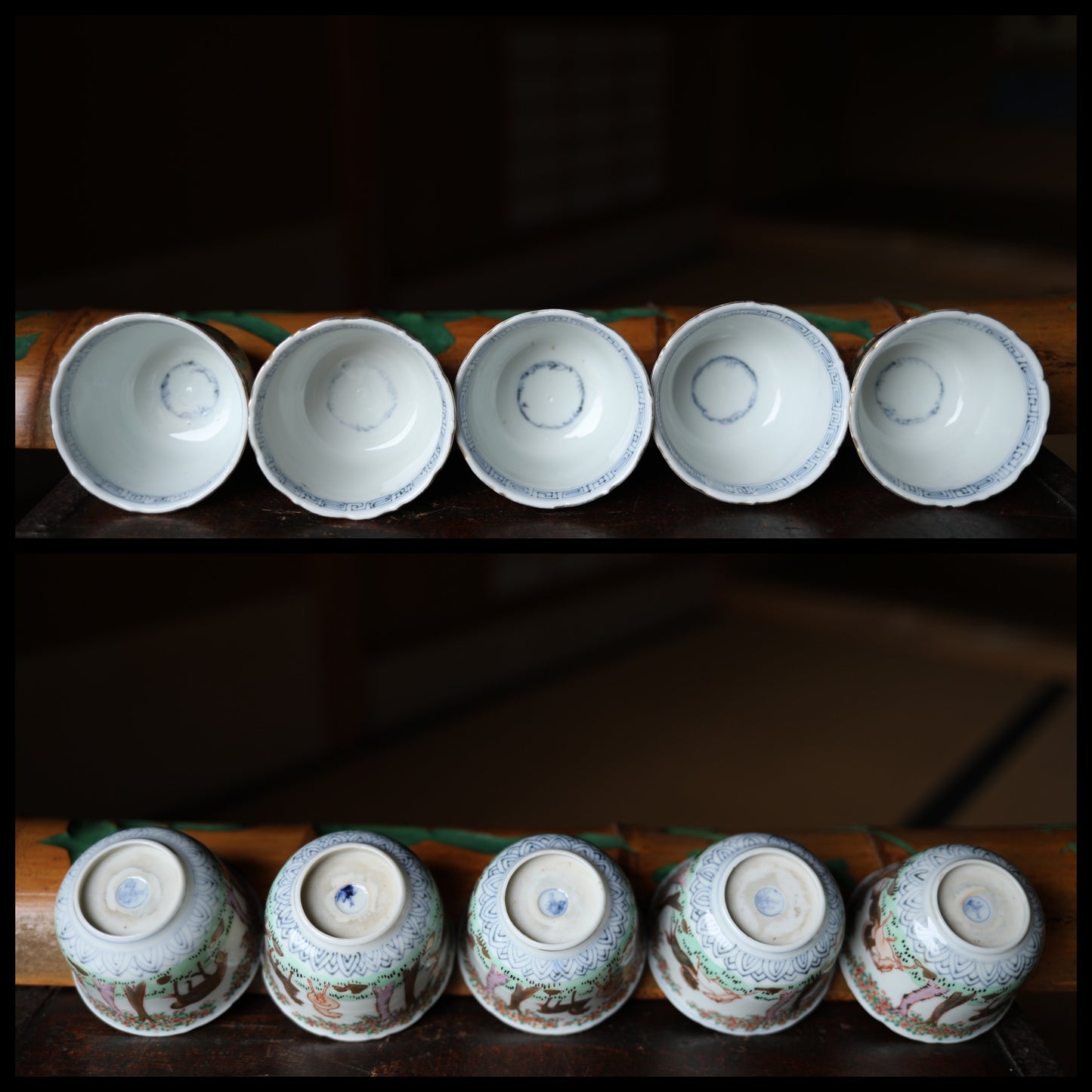 Kutani Sobachoko Cups - Antique Porcelain Tea & Sake Set with Hand-Painted Horses, Floral Rim Design