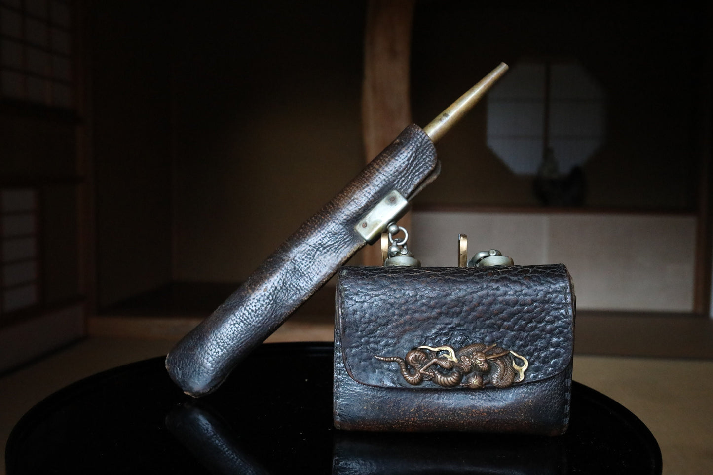 Japanese Antique Kiseru Pipe - Rare Edo Period Brass & Silver Tobacco Pipe With Dragon Engraved Leather Case