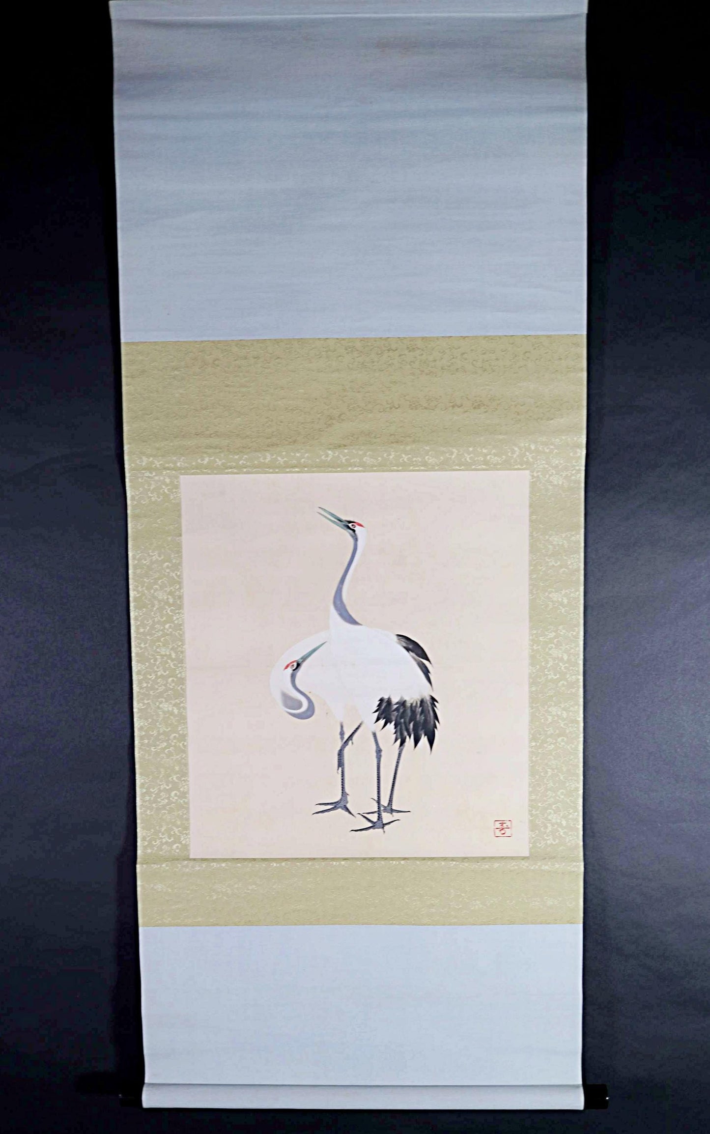 Japanese Hanging Scroll - Vintage Silk Mounted Painting of Pair of Cranes Artwork