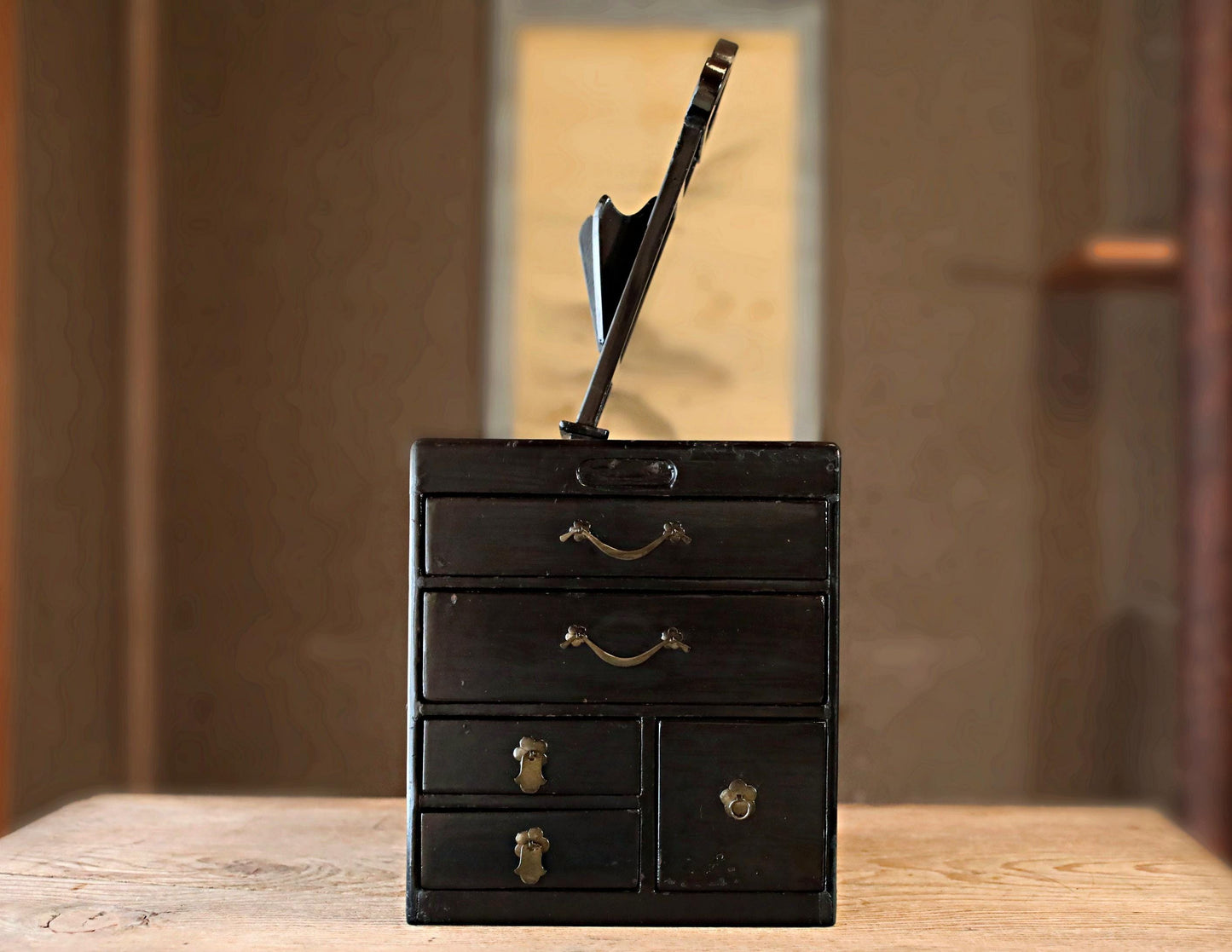 Japanese Tansu Chest - Antique Meiji Period Black Lacquer Five Drawer Cabinet with Metal Clasp