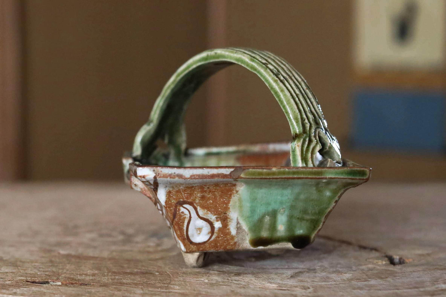 Oribe Ceramic Plate – Japanese Tea Dish with Handle | Antique Pottery Art