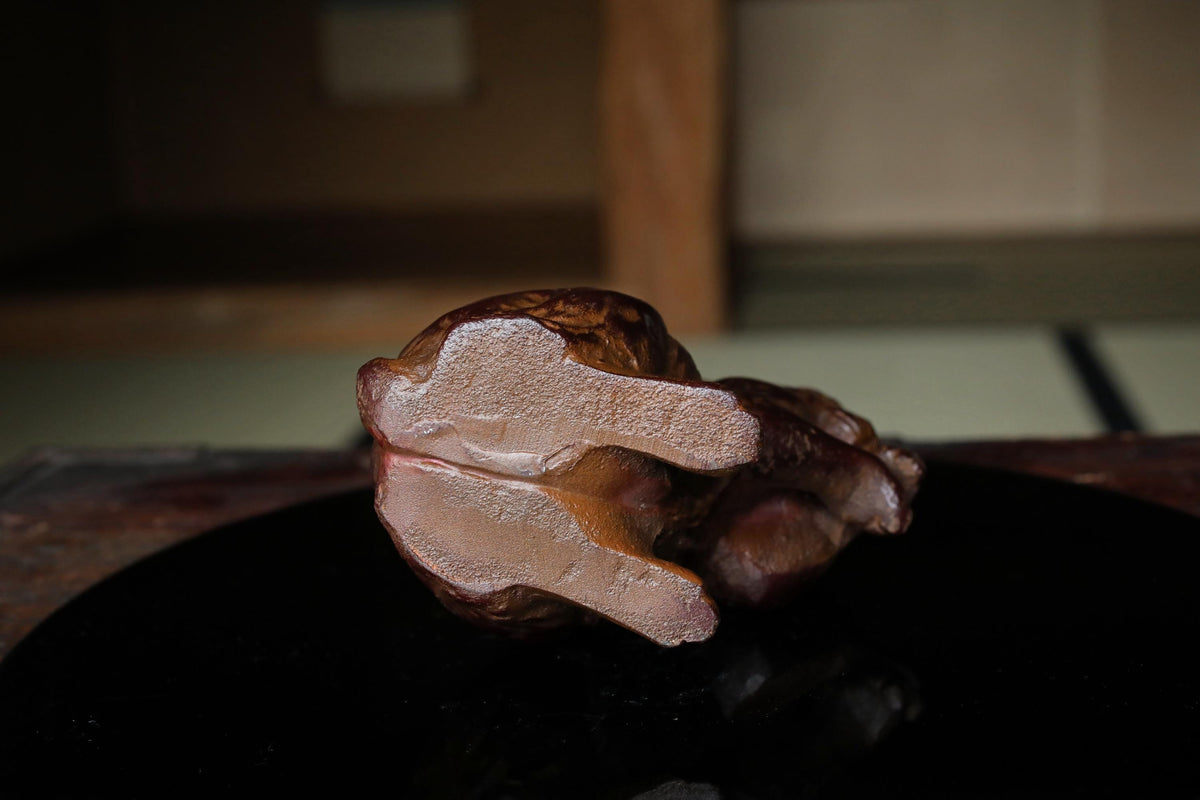 A close-up image of a brown, textured object, possibly a piece of food or a decorative item, resting on a black surface.