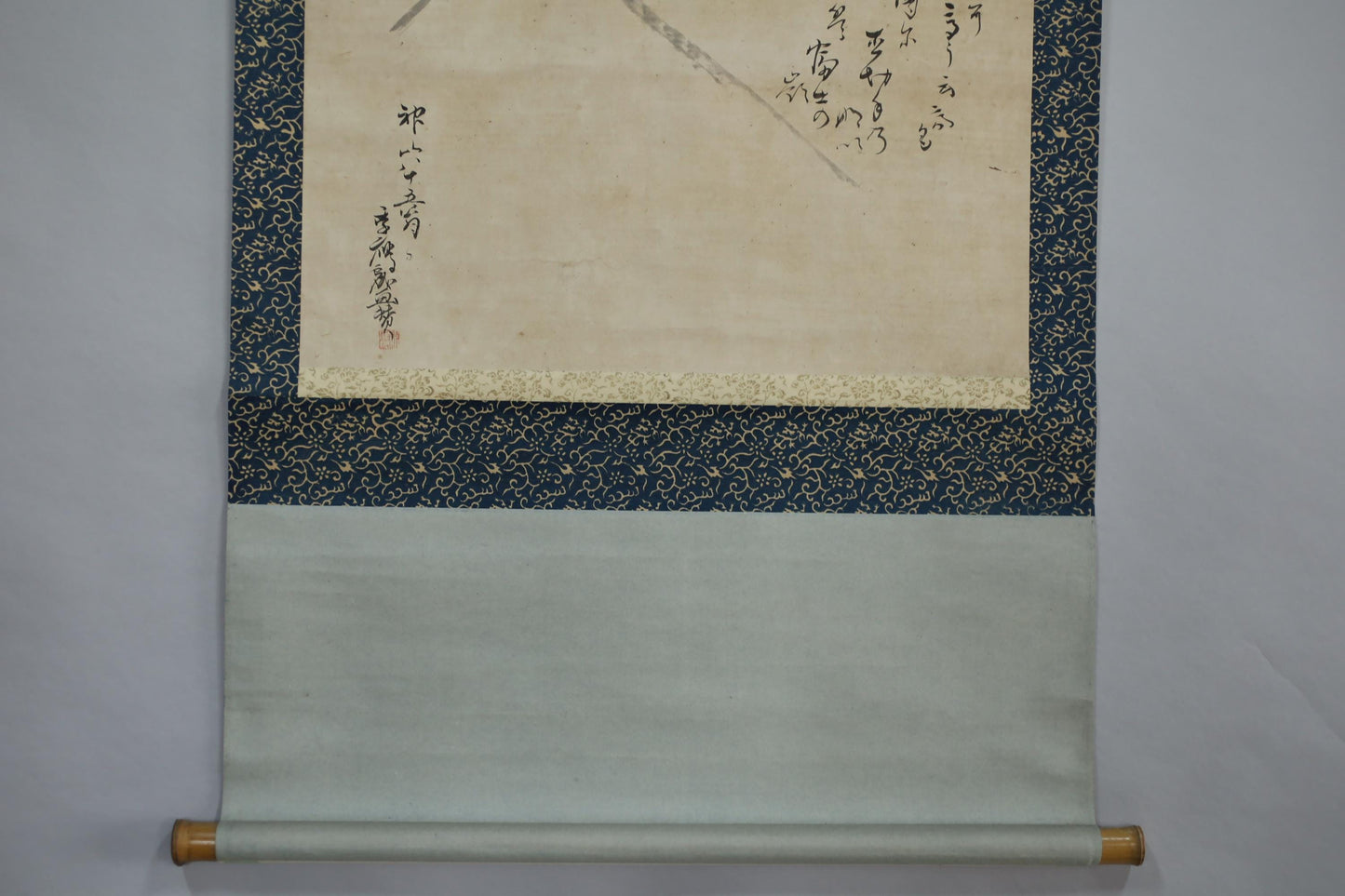 Antique Japanese Zen Scroll – Mt Fuji Ink Painting with Kanji Calligraphy & Bamboo Rollers