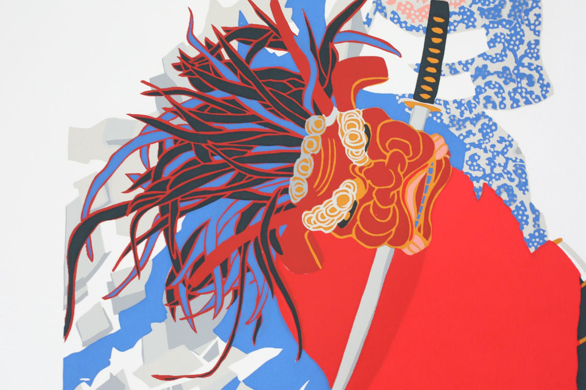 The image is a vibrant and colorful abstract artwork featuring a red and blue color scheme, with a prominent red and gold design in the center. The artwork is composed of various shapes and lines, creating a dynamic and visually striking composition.