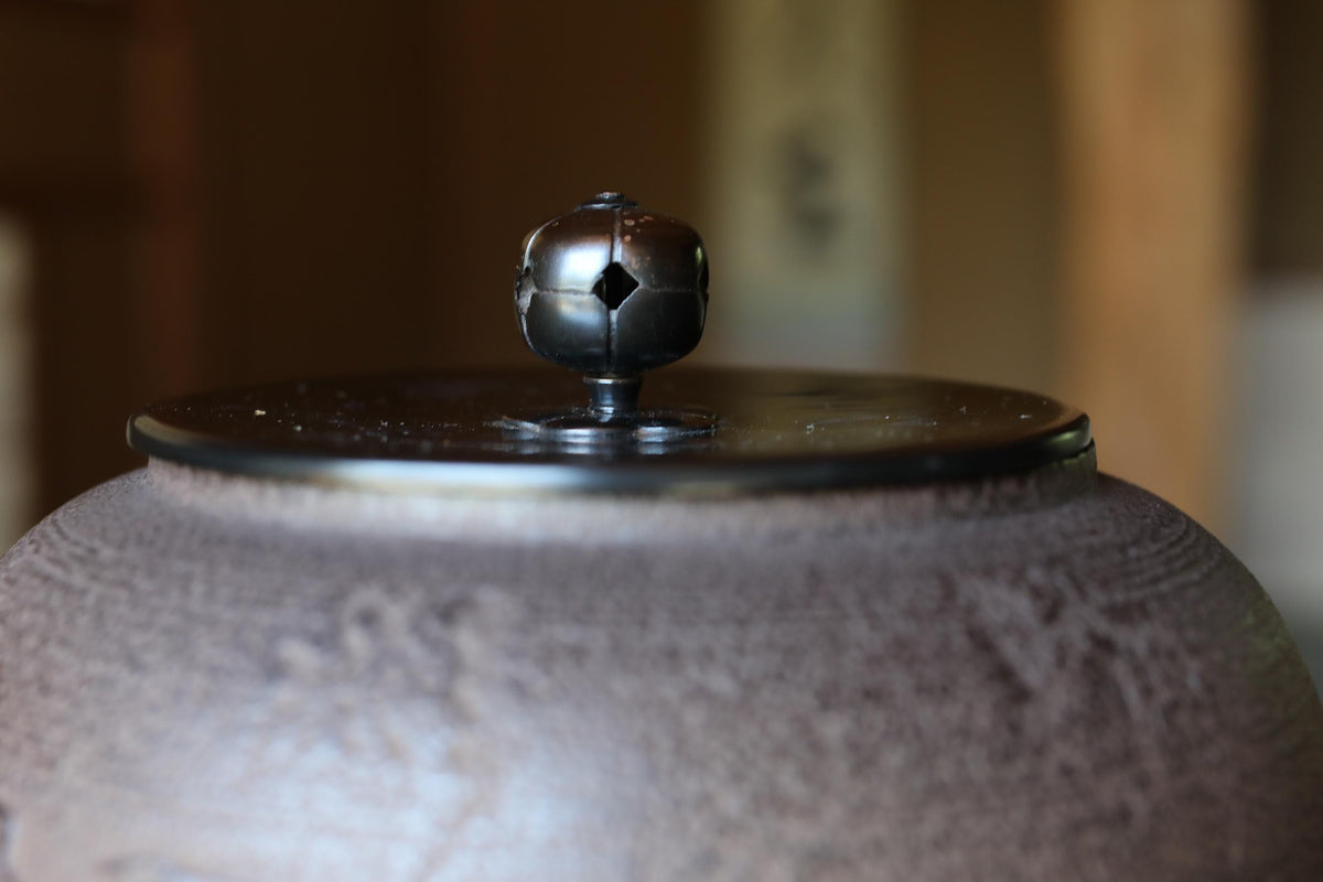A close-up view of a dark-colored ceramic bowl or dish with a metal ball or knob on top.