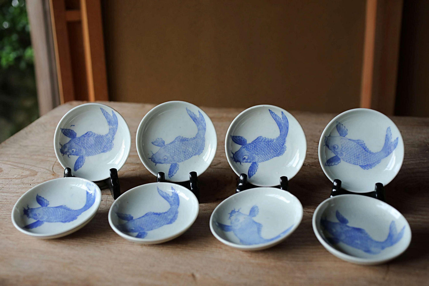 Japanese Porcelain Plates – Vintage Indigo Carp Design | Set of 8 Handmade Ceramic Dishes