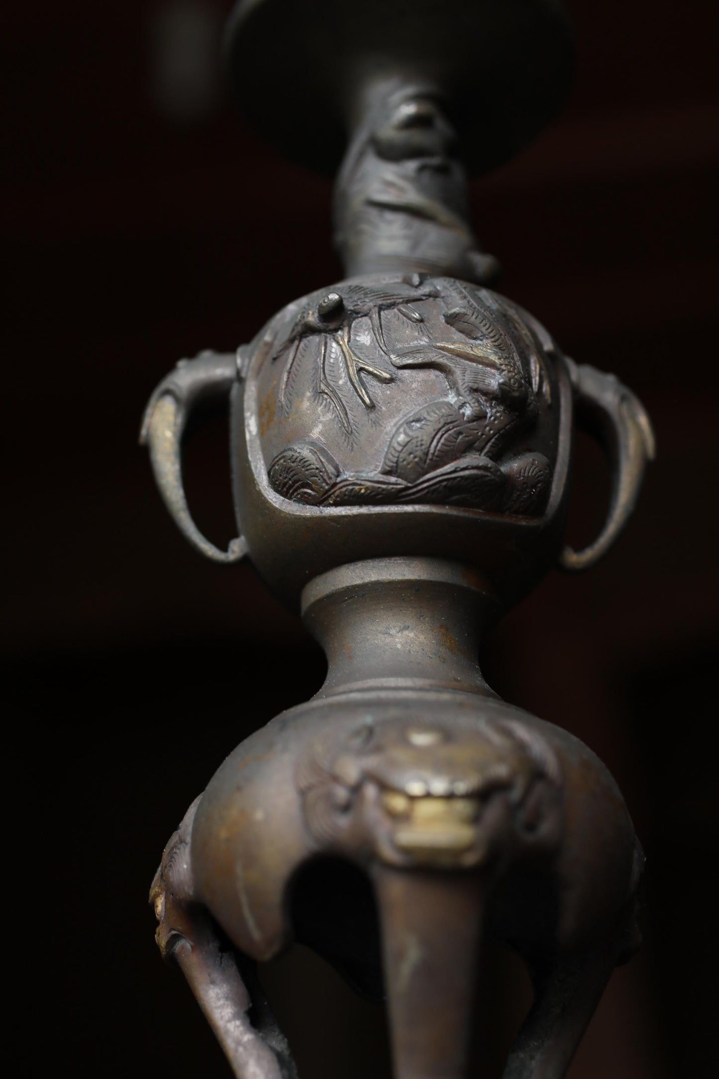 Antique Brass Candlestick Japanese Animal Motif Cast Metal Pillar Candle Holder