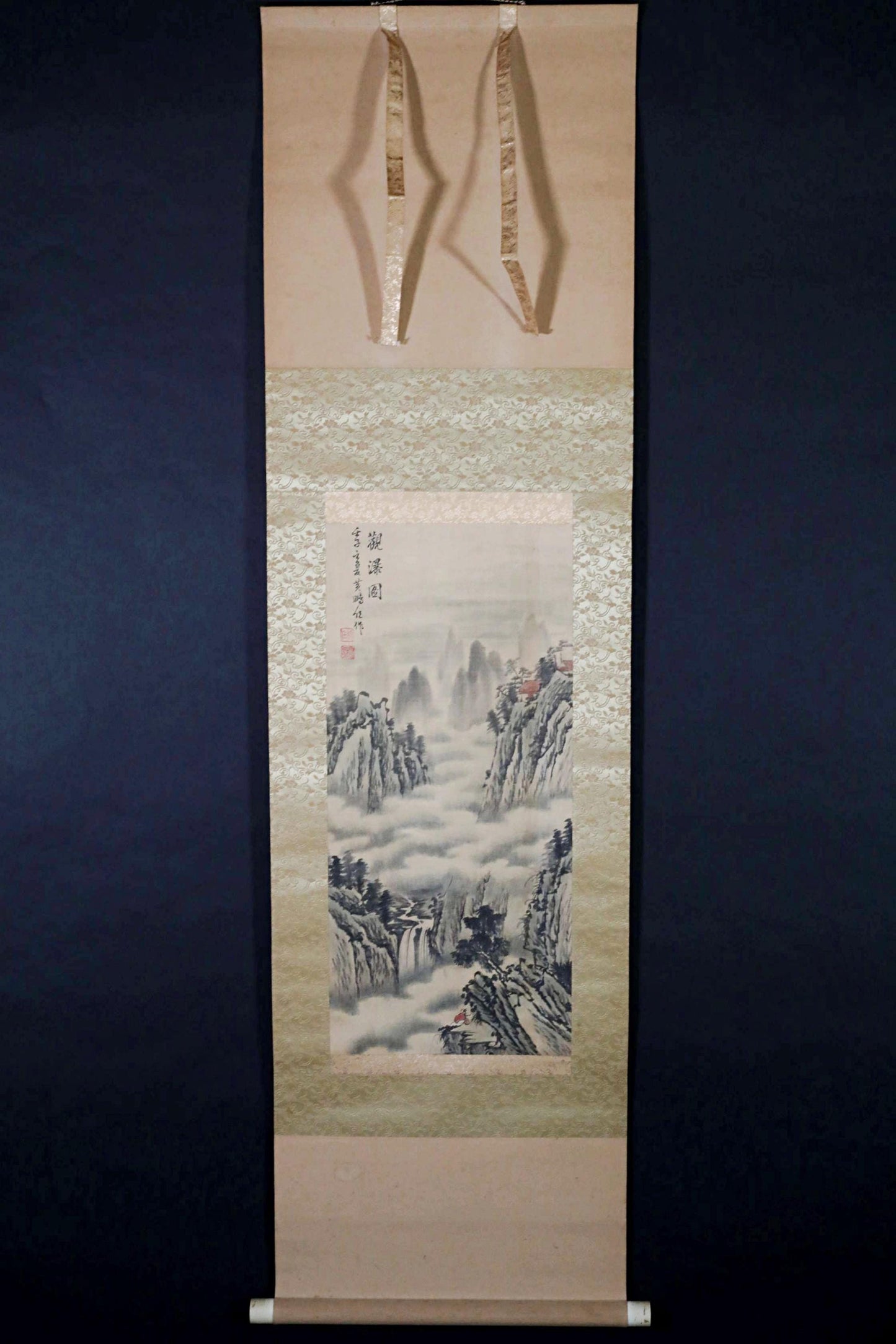 Japanese Ink Painting Scroll – Vintage Signed Kakejiku Silk Paper Art, Mountain Landscape