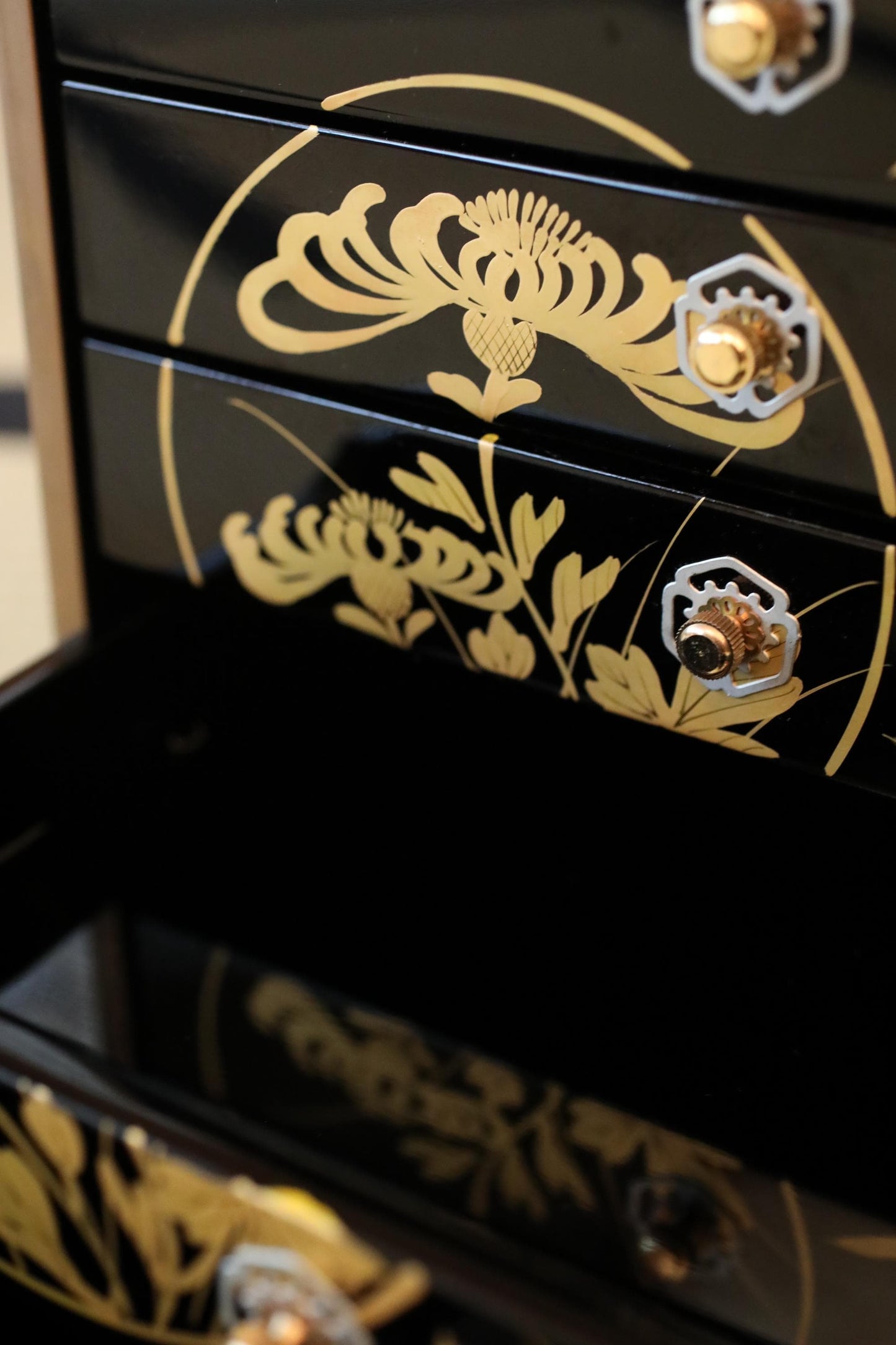 Vintage Tansu Chest - Black Lacquer Chest With Gold Makie Design | Five Drawer Japanese Antique Furniture