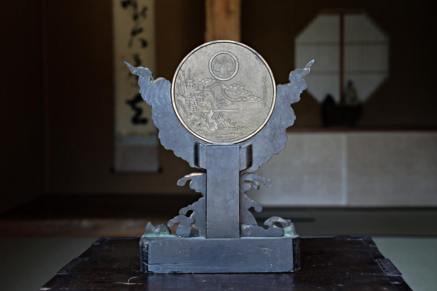 Japanese Antique Bronze Mirror – Shinto Shrine Mirror with Hand-Carved Cloud Base