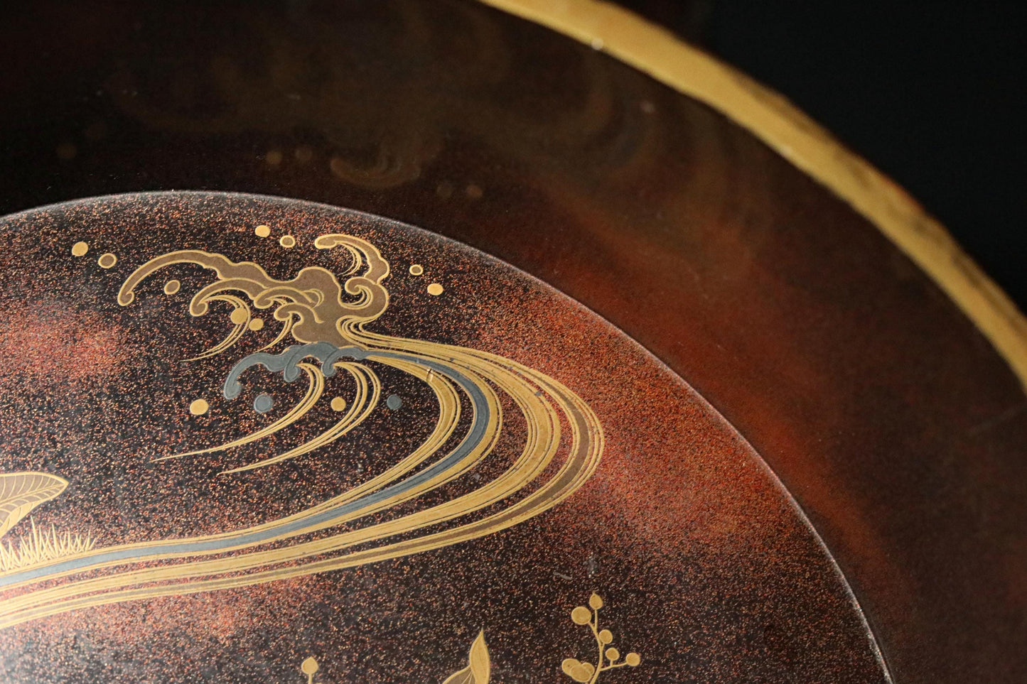 Japanese Antique Lacquer Tub - Gold Makie Wooden Bath Vessel With Floral River Painting