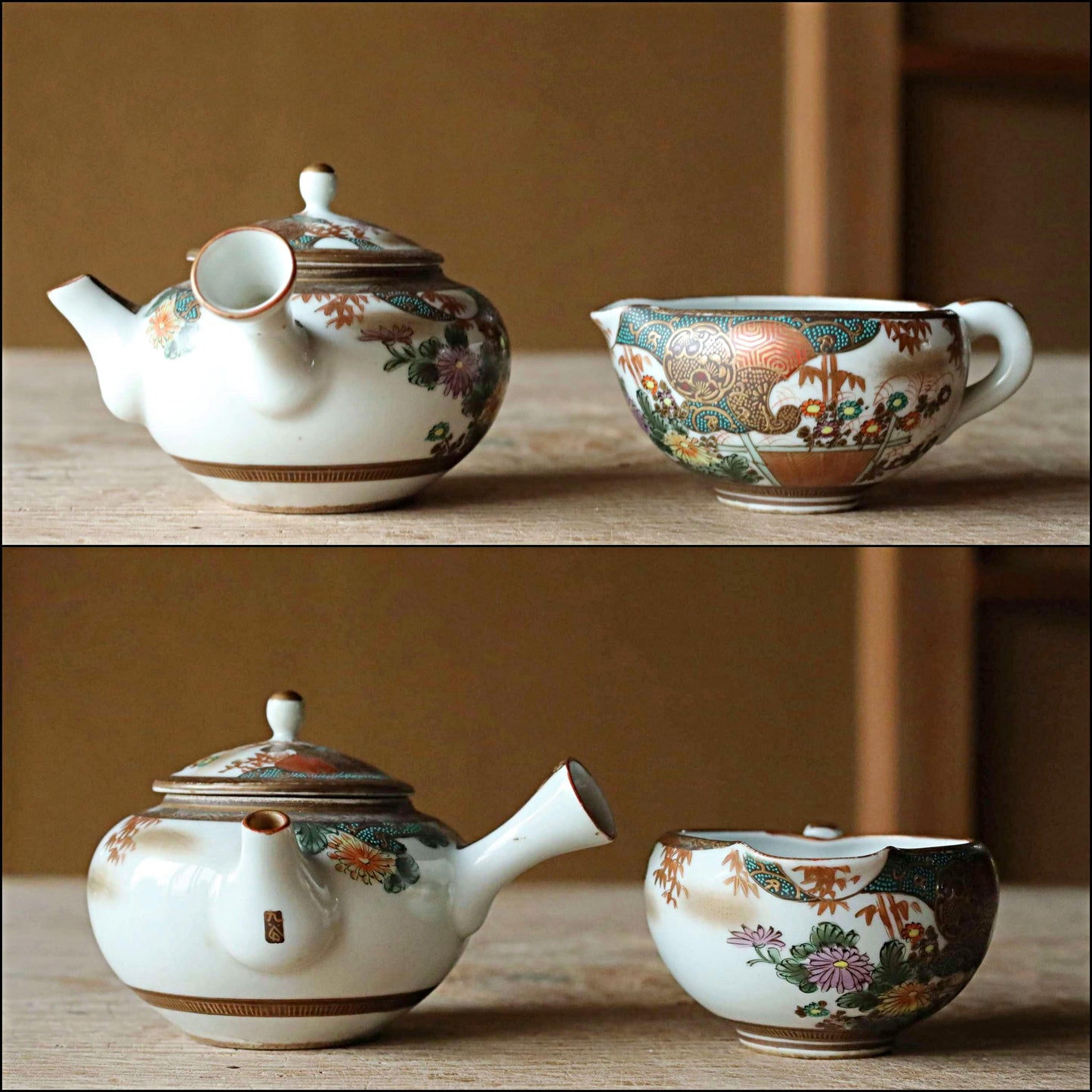 Kutani Antique Tea Set - Hand Painted Ceramic Sencha Cups & Gold Floral Tableware