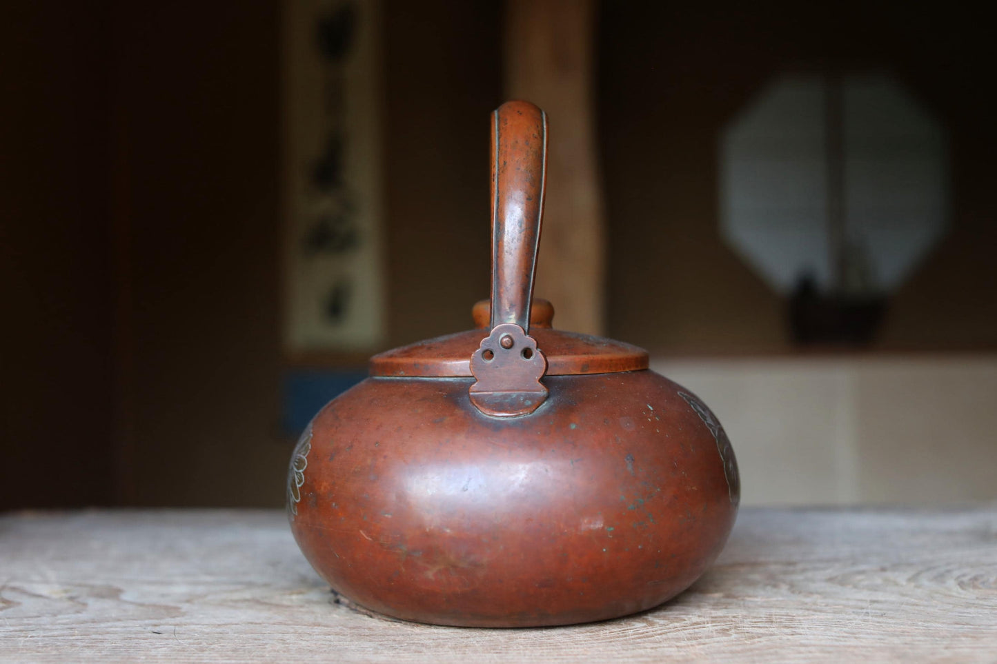 Antique Copper Kettle - Large Japanese Tea Pot With Chrysanthemum & Paulownia Design