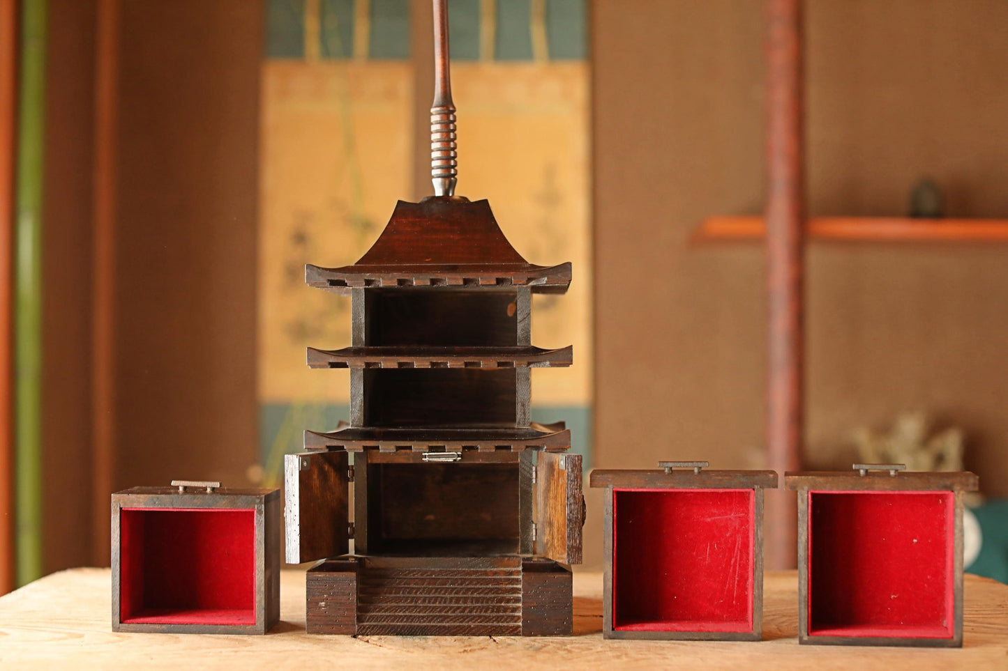 Wooden Pagoda Chest - Japanese Three Tier Drawer with Buddhist Decor Storage
