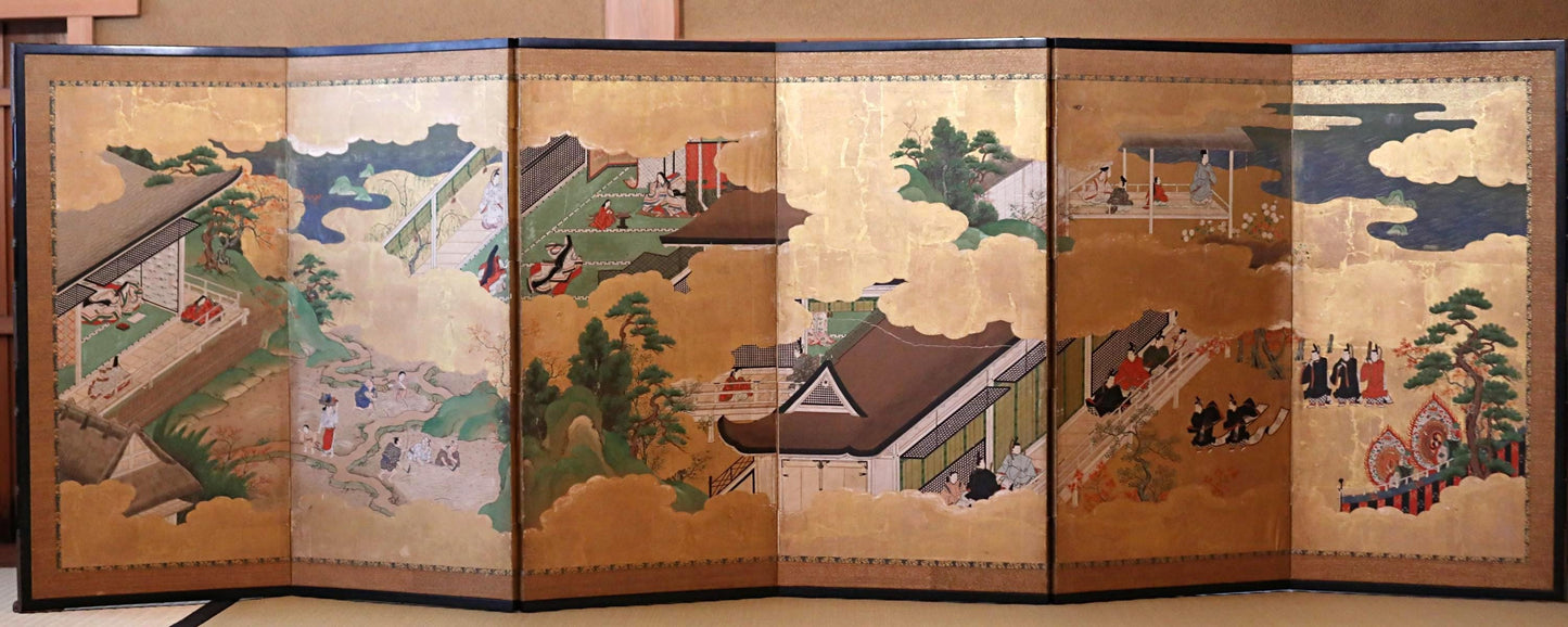 Japanese Antique Byobu Folding Screen - Tale of Genji Art, Gold & Silver Leaf, 17th Century Paravent