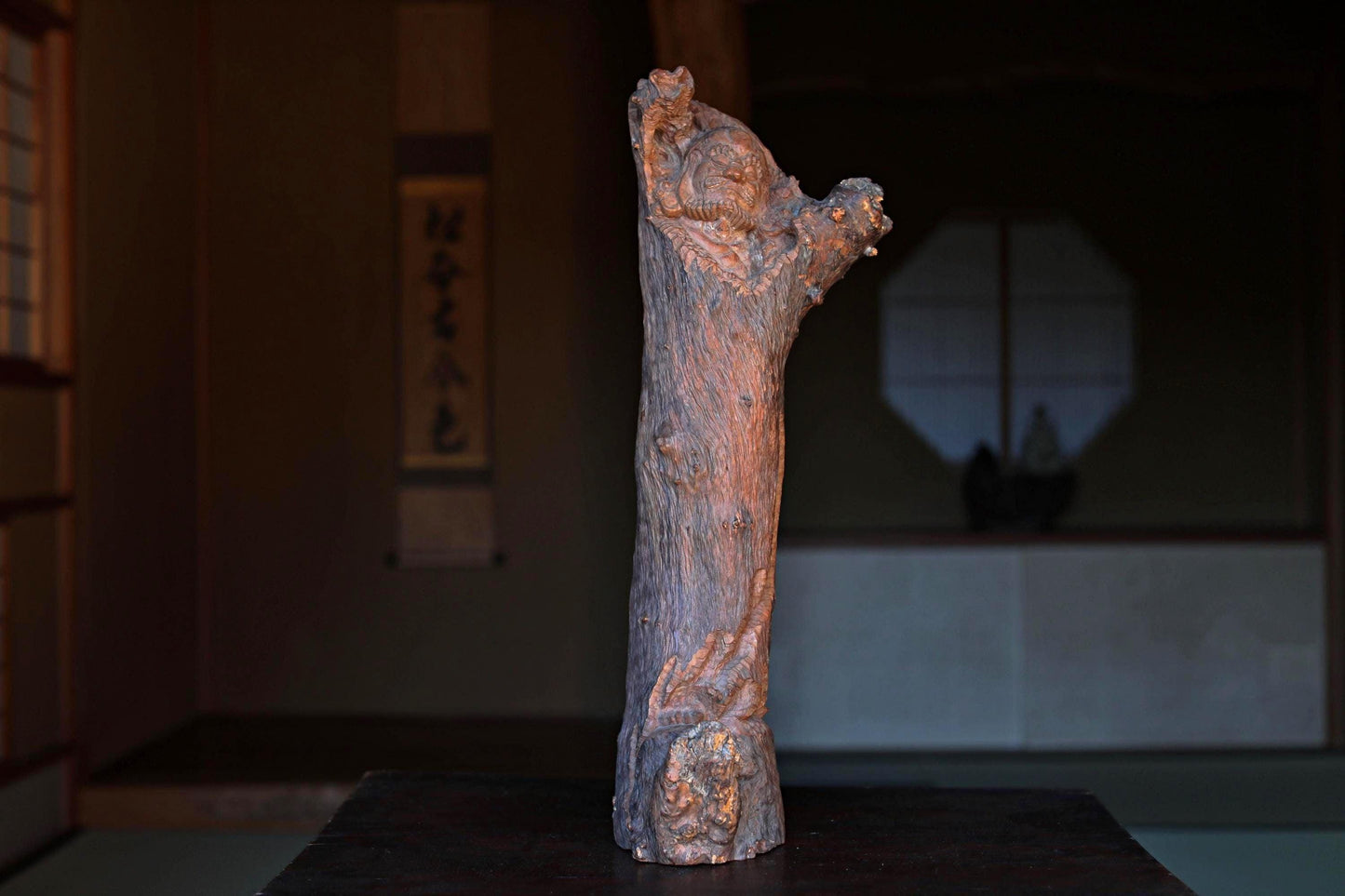 Japanese Daruma Sculpture - Large Hand Carved Wood Burl Art Zen Buddhist Statue