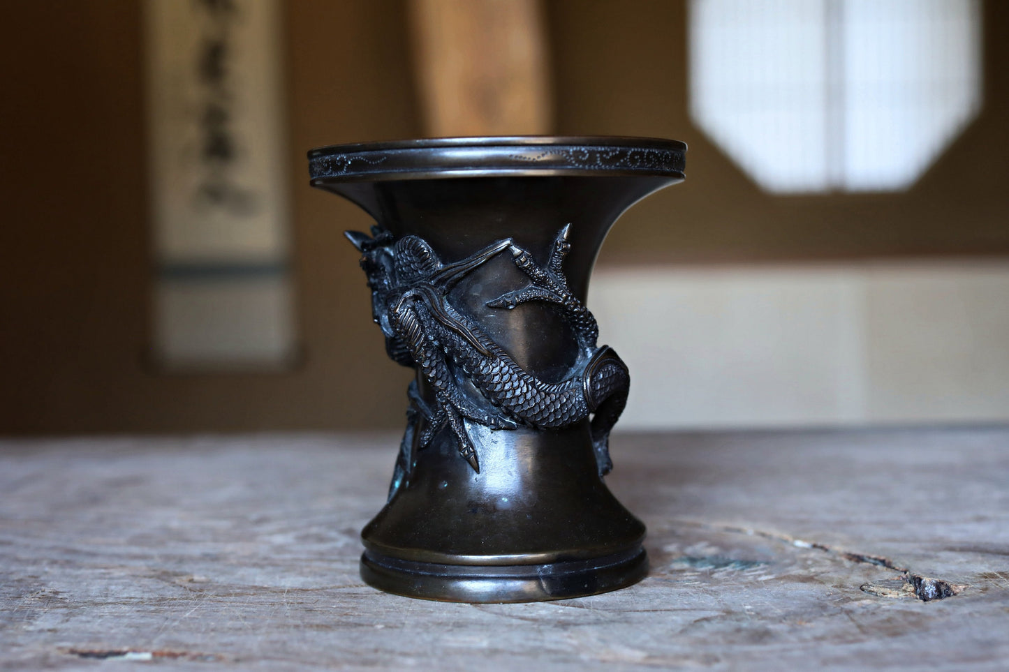 Japanese Dragon Vase - Antique Bronze Buddhist Ritual Object with Dragon Sculpture