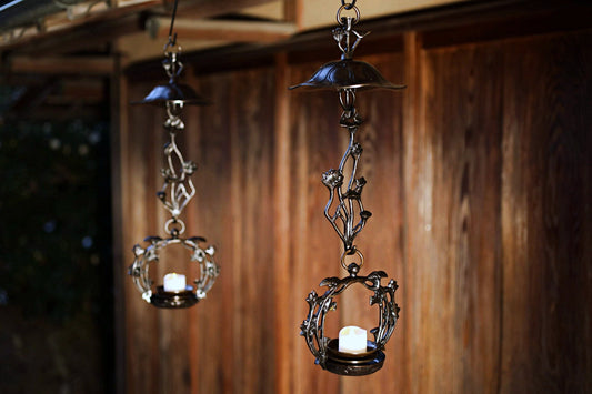 Japanese Bronze Lantern - Hanging Candle Holder Pair With Lotus Flower Candlestick