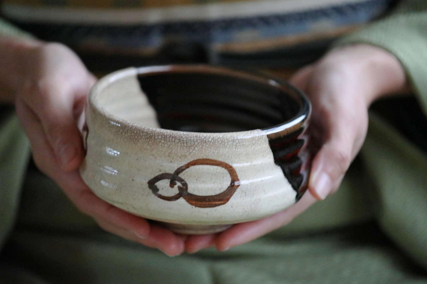 Antique Oribe Tea Bowl - Japanese Handmade Ceramic Bowl | Signed Chawan