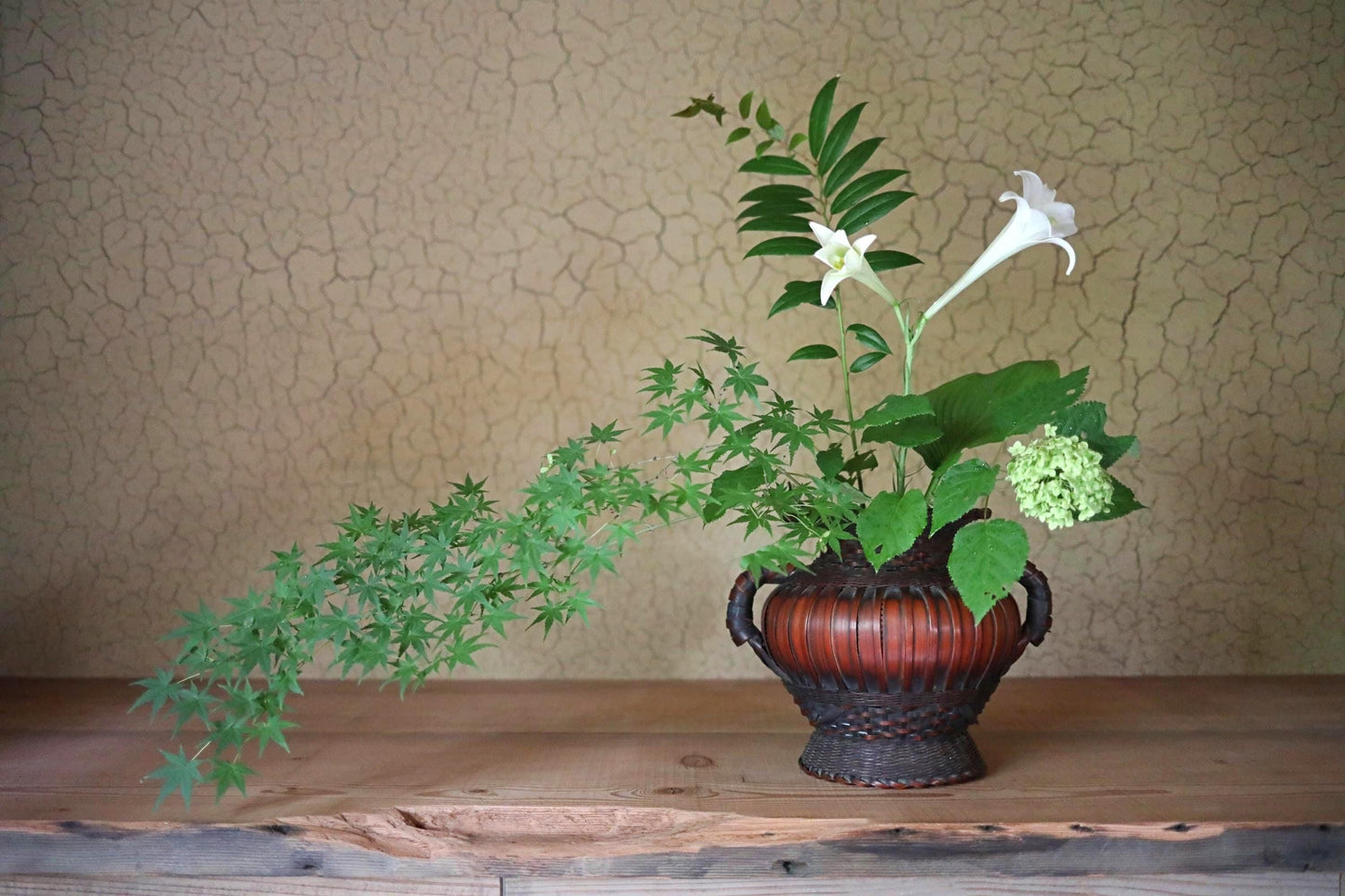 Japanese Bamboo Basket - Large Vintage Woven Vase | Smoke Stained Bamboo Ikebana
