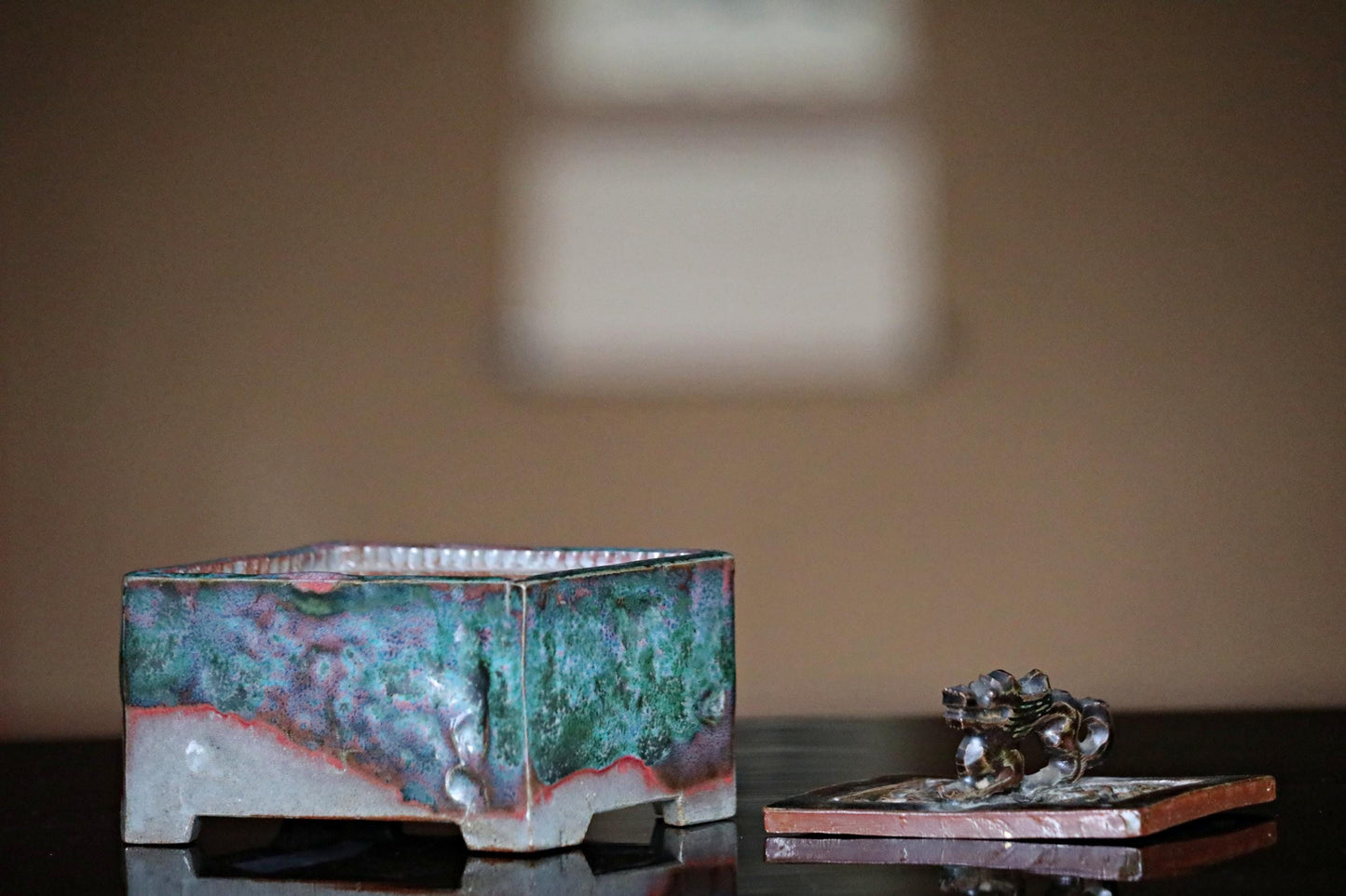 Japanese Vintage Censer - Signed Ceramic Incense Burner With Green Cinnabar Glaze