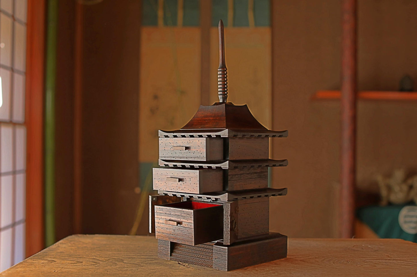 Wooden Pagoda Chest - Japanese Three Tier Drawer with Buddhist Decor Storage