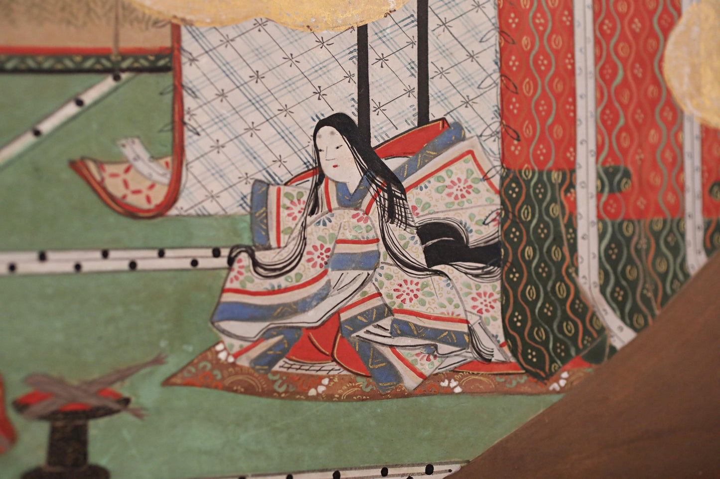 Japanese Antique Byobu Folding Screen - Tale of Genji Art, Gold & Silver Leaf, 17th Century Paravent