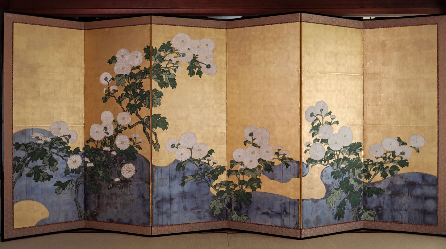 A large, multi-panel artwork depicting a serene garden scene with white flowers and lush greenery against a golden background.