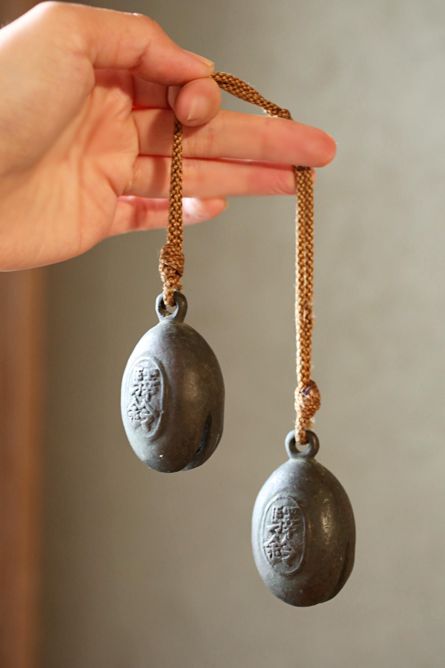 Japanese Bronze Bells - Vintage Bronze Bell Pair with Kanji Suzu for Entryway Display