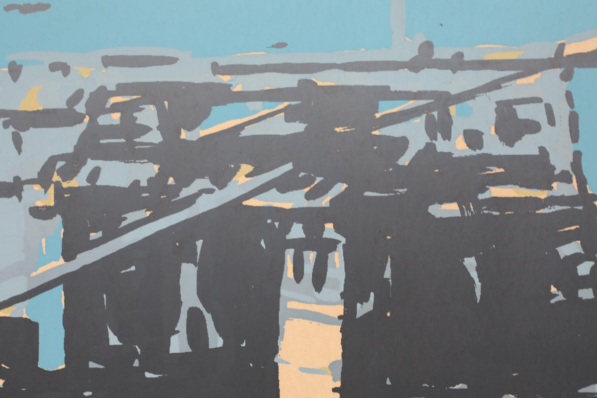The image is an abstract painting featuring a large, dark structure with a lighter background. The painting has a textured, brush-like appearance, with various shades of gray and black creating a sense of depth and dimension.
