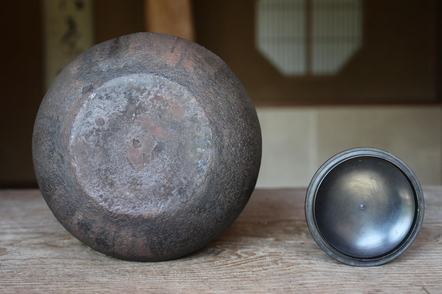 Japanese Cast Iron Kettle - Vintage Kyoto Temple Tea Ceremony Kettle with Copper Lid