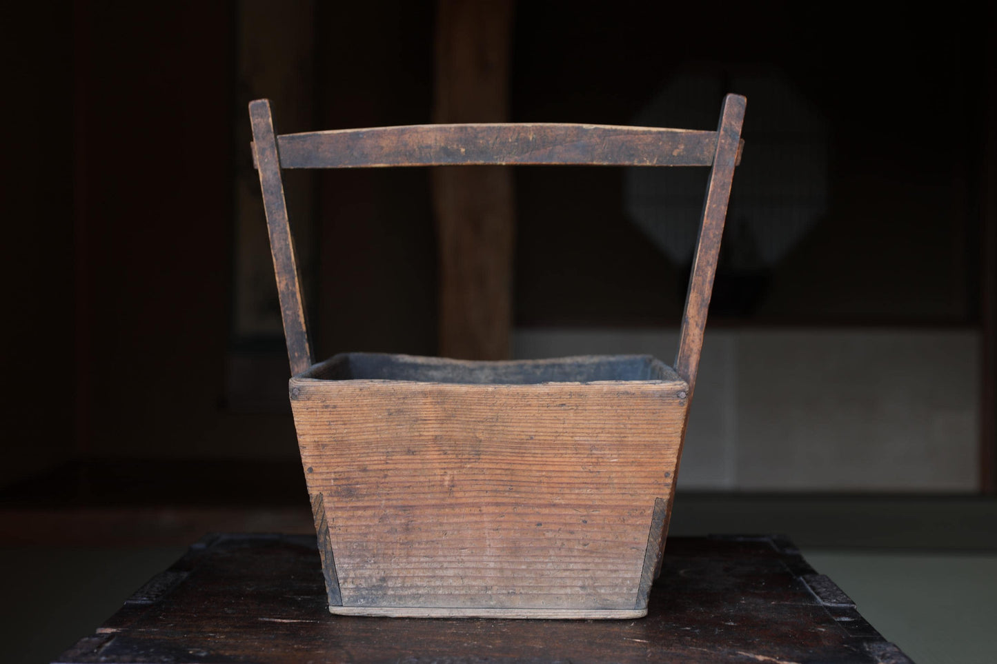 Japanese Charcoal Container - Vintage Wooden Vase with Rustic Kenzan Set