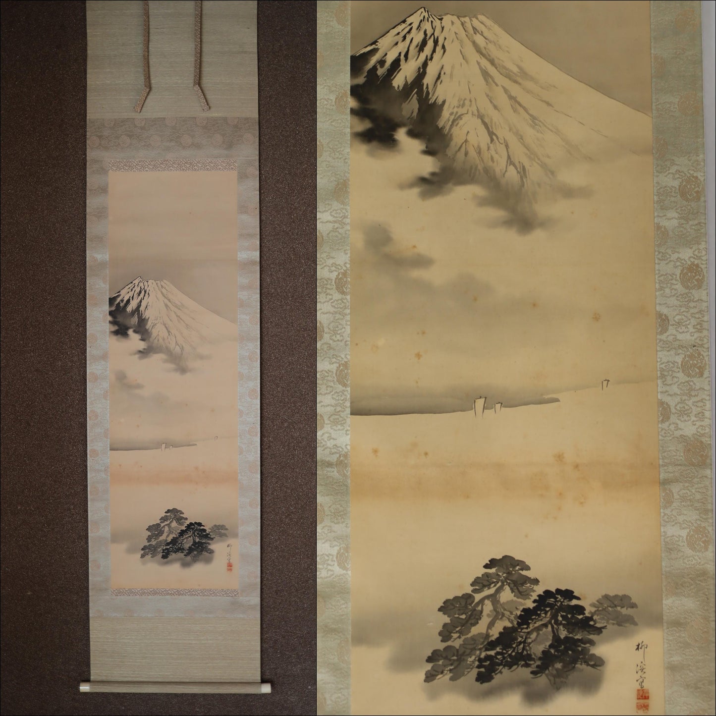 Japanese Ink Wash Scroll – Antique Mount Fuji Painting, Signed Kishinami Ryukei, Boxed Gift