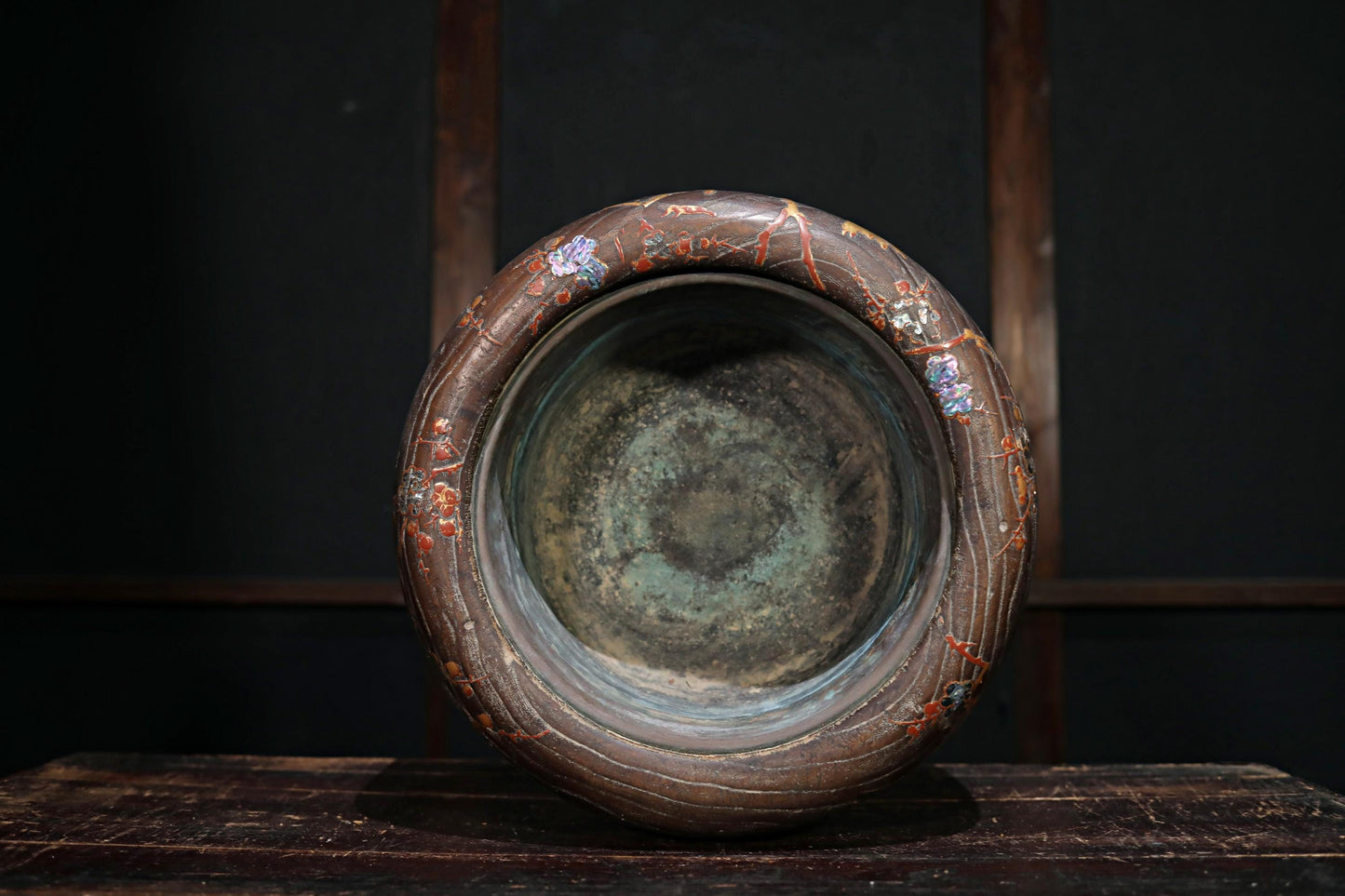 Antique Japanese Hibachi | Traditional Charcoal Brazier with Makie Quail & Plum Blossom Inlay