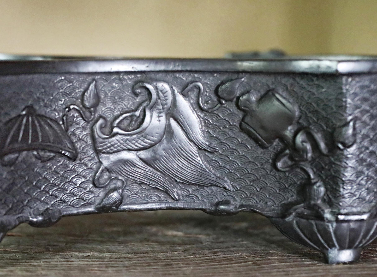 Japanese Bronze Suiban Basin - Meiji Era Antique Dragon Relief Cast Metal Vessel