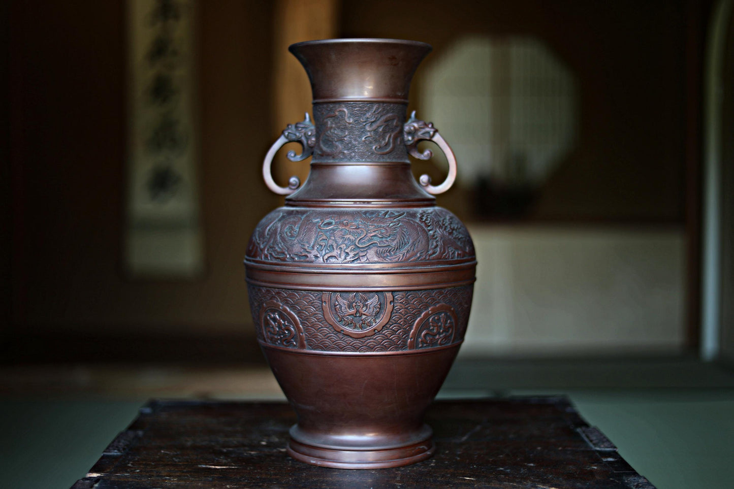 Japanese Bronze Vase – Vintage Dragon Phoenix Relief | Takaoka Copper Art 1950s