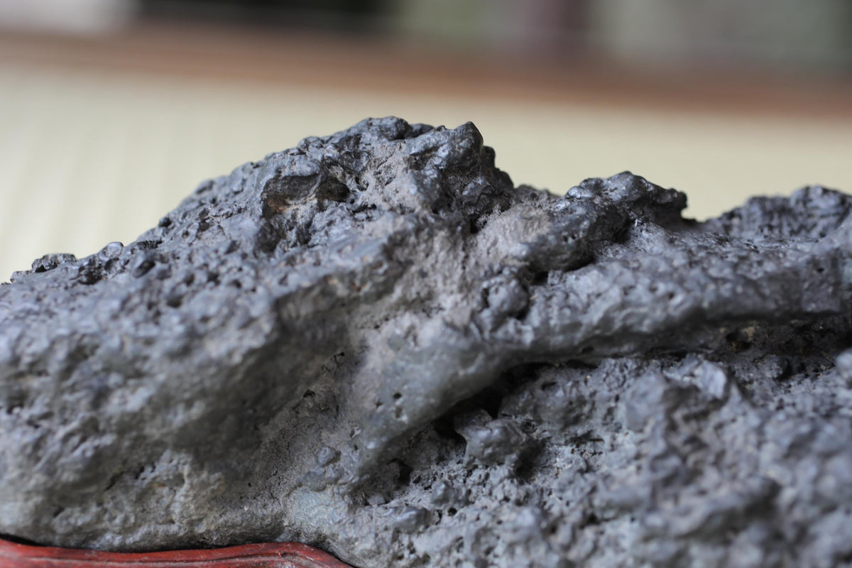 A close-up image of a dark gray, rocky surface with a rough, uneven texture.