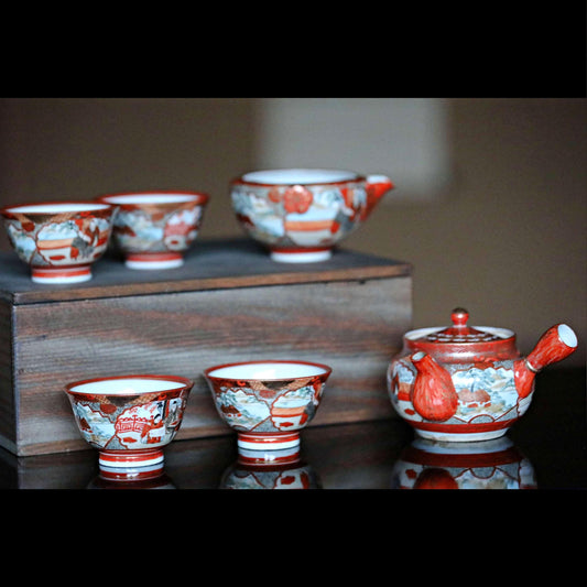 Kutani Tea Set - Vintage Japanese Ceramic Cups With Red Gold Tableware & Gold Ring Pot