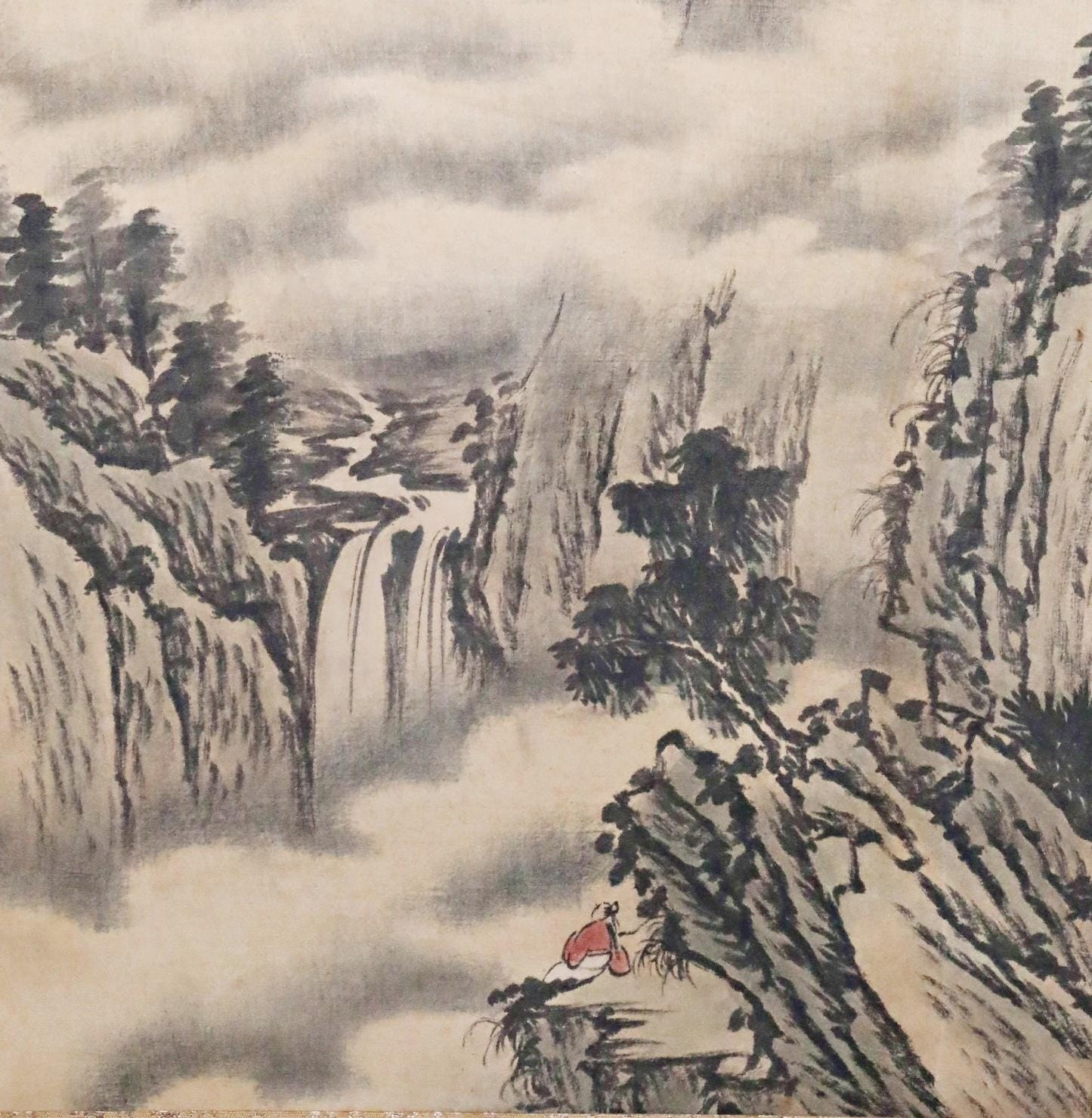 Japanese Ink Painting Scroll – Vintage Signed Kakejiku Silk Paper Art, Mountain Landscape