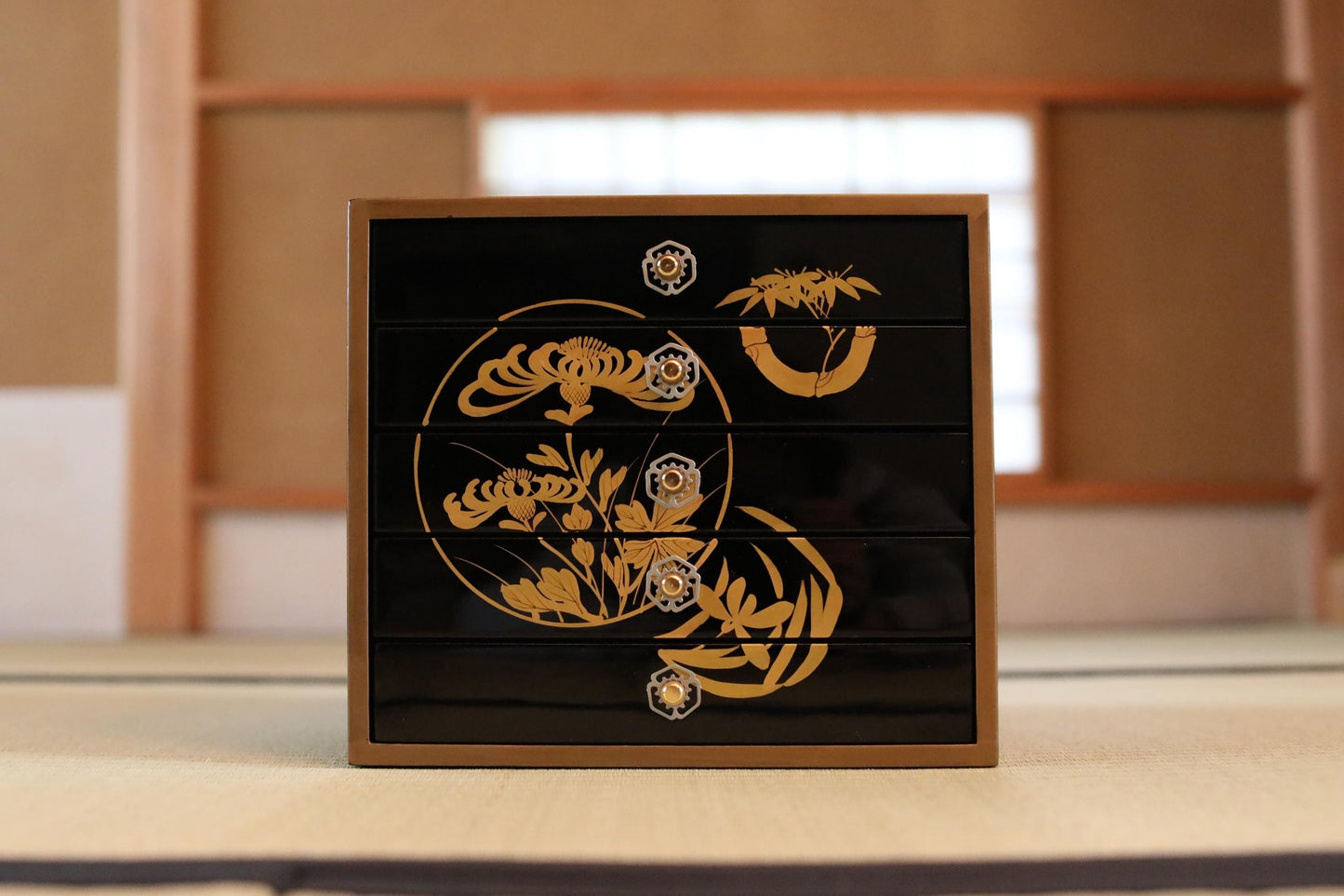 Vintage Tansu Chest - Black Lacquer Chest With Gold Makie Design | Five Drawer Japanese Antique Furniture