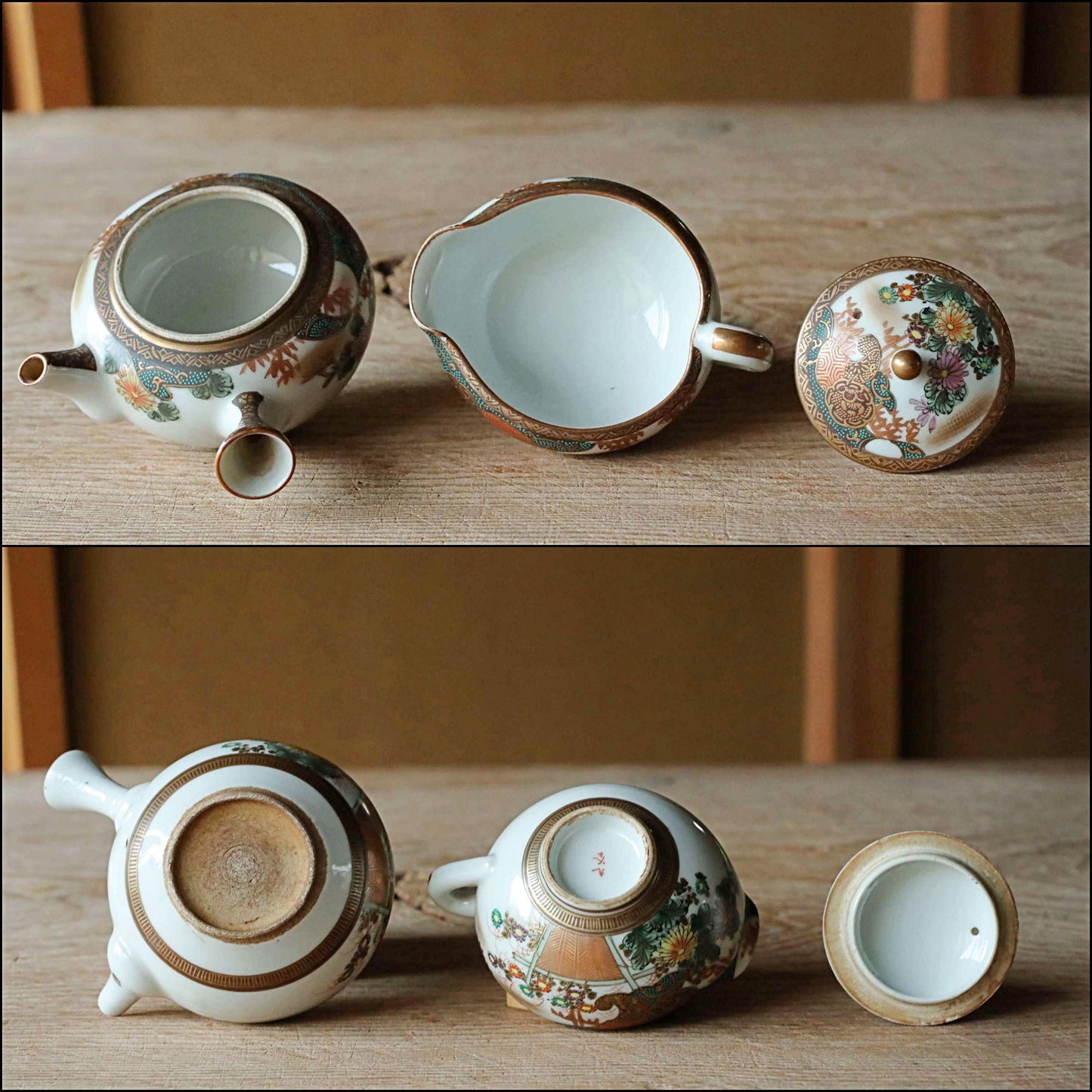 Kutani Antique Tea Set - Hand Painted Ceramic Sencha Cups & Gold Floral Tableware