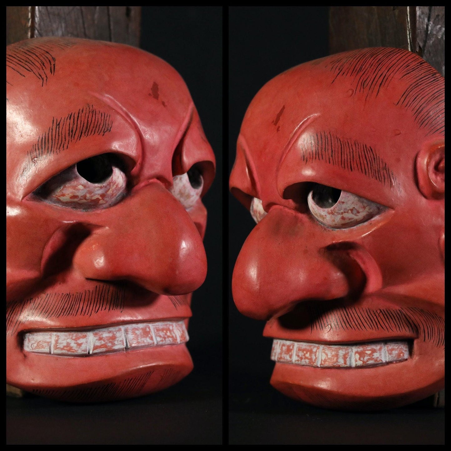 Noh Mask Vintage - Red Demon Carving | Traditional Japanese Kyogen Theater Mask